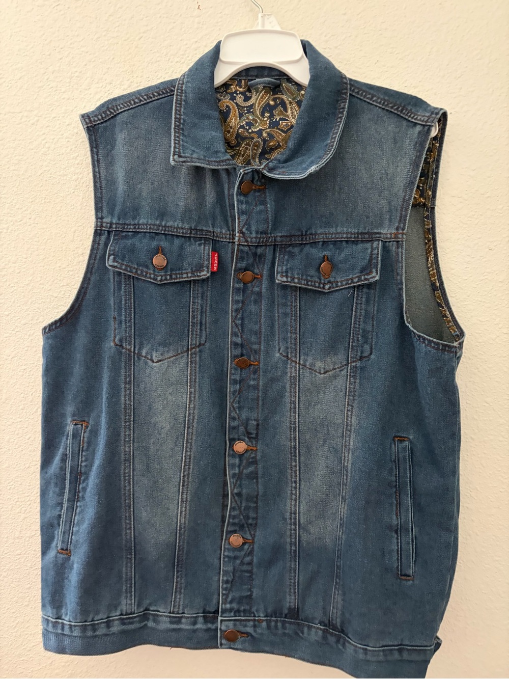 Falmer Heritage Denim Trucker Vest Sz Sm Paisley lined Back yoke Red Tab Boho